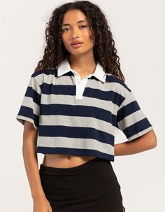 Rsq Stripe Crop Polo Shirt. Allover Stripe Print. Button Front Placket. Collared Neckline. Boxy And Cropped Fit. 95% Cotton, 5% Spandex. Hand Wash. Imported. Model Is Wearing A Size Small. Model Measurements:height: 5'6" Bust: 30"waist: 25.5"hips: 36.5" Affordable Sporty Zara Tops, Collared Polo Shirt Outfit, Sporty Striped Collared Tops, Striped Cotton Crop Top, Stripe Crop Shirt, Striped Cotton Crew Neck Crop Top, Fitted Striped Cropped Top, Striped Collared Cotton T-shirt, Polo Crop Top