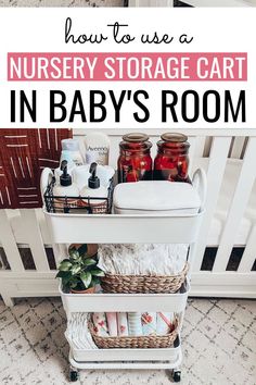 nursery storage cart, nursery rolling cart Nursery Utility Cart Organization, Nursery Nightstand Organization, Rolling Cart For Nursery, Nursery Rolling Cart Ideas, Diaper Station Organization, Newborn Rolling Cart, Baby Bottle Station, Diaper Cart Organization