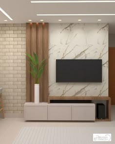 a modern living room with white brick walls and wood trimmings on the wall