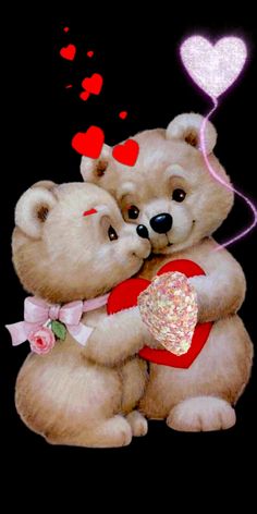 two teddy bears hugging each other with hearts