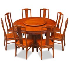 a round wooden table with six chairs around it