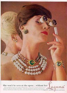 opera glasses - Jewellery Advertising, Mid Century Earrings, 1950s Jewelry, A Night At The Opera, Jewelry Ads, Mid Century Jewelry, Moda Vintage, Vintage Jewels, Colourful Necklace