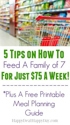 a shopping cart with the text 5 tips on how to feed a family of 7 for just $ 75 a week plus a free printable meal planning guide