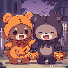 two teddy bears dressed in halloween costumes standing next to each other with pumpkins on their feet