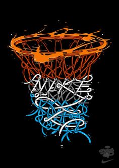 an orange and blue basketball hoop with graffiti on the rim, against a black background