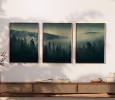 three paintings hanging on the wall above a table