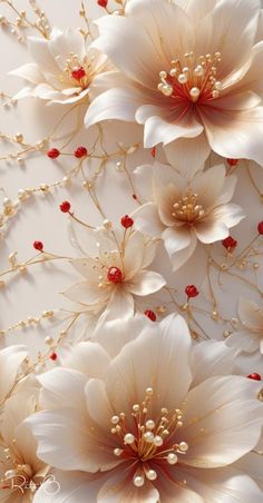 some white flowers with red centers on a white background and gold stems in the center