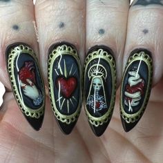 Framed Nails, Horror Nails, Carpe Noctem, Witchy Nails, Hippie Nails, Gothic Nails, Gel Mani, Goth Nails, Grunge Nails