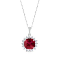 Embody elegance with this breathtaking necklace. Crafted in sterling silver, the design showcases a beautiful cushion-cut lab-created ruby highlighted by a gorgeous starburst frame of round-cut white lab-created sapphires. This look suspends along a cable chain that has adjustment o-rings at the 16 and 18-inch positions and secures with a lobster clasp. Sterling Silver Cushion Cut Necklace, Fine Jewelry Silver Cushion Cut Necklace, Silver Cushion Cut Necklace In Fine Jewelry Style, Silver Cubic Zirconia Cushion Cut Necklace, Silver Necklace With Diamond Accents And Cushion Cut, Cushion Cut Diamond Accents Necklace For Gift, White Gold Cushion Cut Necklace Gift, White Gold Cushion Cut Necklace For Gift, Sterling Silver Necklace With Cushion Cut Diamond Accents