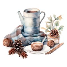 a watercolor painting of a tea pot, mug and pine cones