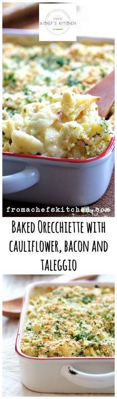 baked crockette with cauliflower, bacon and tarrag in a casserole dish