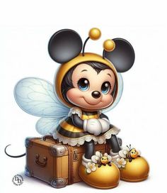 a cartoon character is sitting on top of a suitcase with a bee on it's head