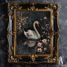 a painting of a swan with flowers in it's frame hanging on a wall