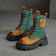 Stylish and Trendy Retro Motorcycle Boots with Thick Contrast Soles and High Tops Granola Goth, Funky Footwear, Leather Combat Boots Women, Sunflower Boots, Shoes Colorful, Vibrant Outfits, 일본 패션, Dr Shoes, Winter Heels