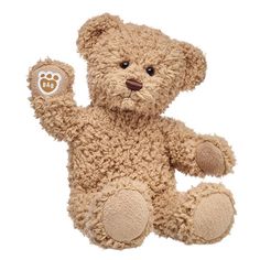 a brown teddy bear sitting on top of a white background with the name william written on it