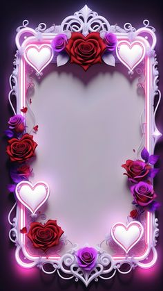 an ornate frame with roses and hearts on the edges is lit up in purple light