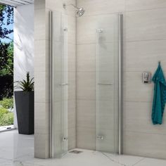 a walk in shower next to a potted plant