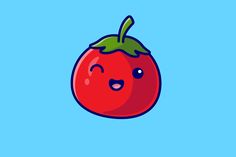 a red tomato with a green leaf on it's top and eyes closed, against a blue background