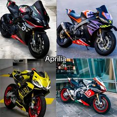 four different motorcycles are shown side by side in three different pictures, each with the same color scheme