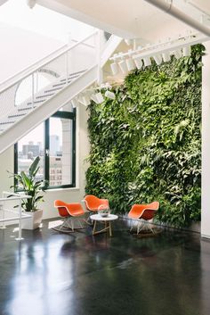 an indoor living wall with plants on it and two orange chairs in the foreground