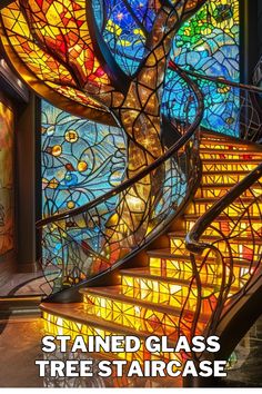 stained glass tree staircase with the words stained glass tree staircase