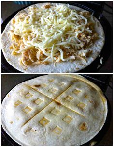 two pictures of different types of food being cooked in an open skillet and topped with cheese