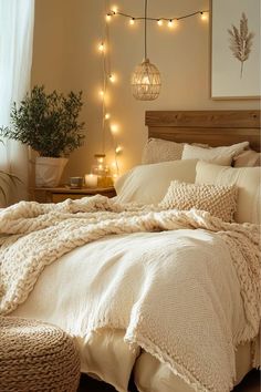 a bed with blankets and lights in a bedroom