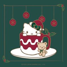 a hello kitty christmas card with a coffee cup and teddy bear