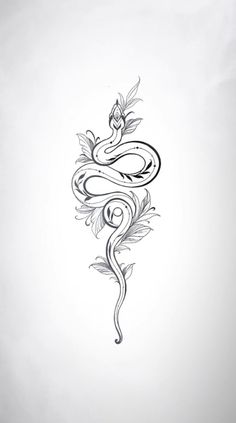 a drawing of a snake on the side of a white wall with black lines and leaves