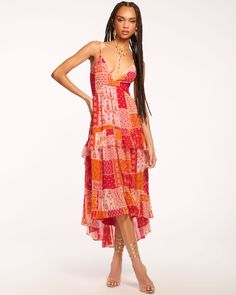 FLAME PATCHWORK|1 Skirt Asymmetrical, Explore City, Patchwork Print, Ramy Brook, Picnic In The Park, V Neck Midi Dress, Tiered Skirt, City Streets, The Park