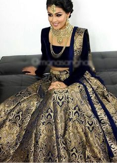 Navy blue brocade lehenga/anarkali this party wear Indian dress can be made into a lehenga or a gown (anarkali) and it has a navy dupatta. The outfit is a custom made garment which includes the blouse, skirt and the dupatta (stole). Blouse material is silk, skirt is in brocade and Brocade Lehenga, Desi Clothes, Indian Bridal Fashion, Party Wear Indian Dresses, Indian Wedding Outfits, Indian Wedding Dress