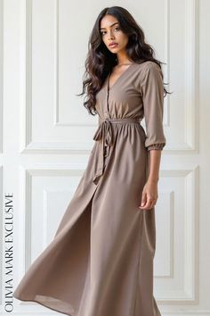 Olivia Mark - Elegant Earthy Taupe Midi Dress with Tie Waist and Button Details Elegant Dresses Midi, Taupe Midi Dress, Dress With Tie, Effortless Elegance, Daily Dress, Cinched Waist, Olivia Mark, Elegant Dresses, Bow Tie