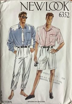 New Look 6352;  Men's Shirt.Loose fitting shirt buttons down the front and has left chest pocket. Make it with short sleeves or long sleeves attached to buttoned band at wrist. Dropped shoulders. Small square collar. Chest: 36 - 38 - 40 - 42 - 44 Waist: 30 - 32 - 34 - 36 - 29 Neck: 14 1/2 - 15 - 15 1/2 - 16 - 16 1/2 This pattern is uncut and longer factory folded.   See images above for additional pattern details. ★ ★ ★ ★ ★ ★ ★ ★ ★ ★ ★ ★ ★ ★ ★ ★ ★  Click below to view more patterns in my shop: http://www.etsy.com/shop/mbchills 80's Style Men, Men Fashion 80s, 1980s Style Guys, 1980s Outfits Men, 1980s Mens Fashion Casual, 80’s Fashion Men, 80s Male Fashion, 80s Clothes Men, Vintage Sewing Patterns Men