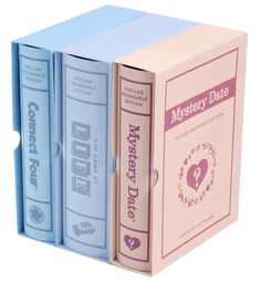 two blue and pink books are next to each other on a white background with the words mystery date