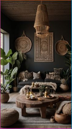 a living room filled with lots of furniture and plants on top of the table in front of