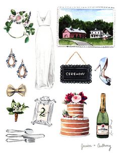 a watercolor painting of wedding items including a cake, wine bottle, and bride's dress