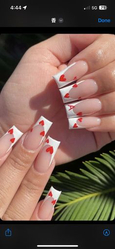 Square Valentine Nails Red, V Day Nails With Initial, Long White French Tip Nails With Initial, Acrylic Nails With Letter J On It, Nails With His Initials Red, Nails Woth Initial, Red Nail Designs With Initial, White French Tip Summer Nails, Letter Nail Designs Initials Red