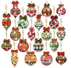 an assortment of christmas baubles with bows and ornaments hanging from the sides, all decorated in different colors