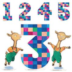 the number three is made up of colorful squares and two kangaroos in overalls