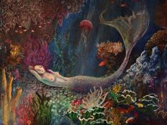 a painting of a mermaid swimming in the ocean with jellyfishs and corals