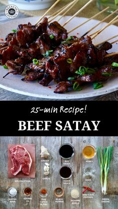 beef satay on a white plate with chopsticks