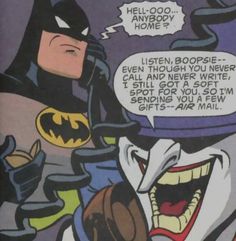 an image of batman and the joker in comic book page with caption that says, i'm too happy to be home