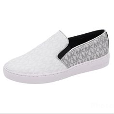 - Michael Michael Kors Women's Keaton Signature Mk Logo Slip On Sneaker - Brand New In Michael Kors Box - Color: Silver/White - Made Of Signature Faux Leather Featuring A Color-Block Design With White Signature Front And Silver Signature Back Trimmed In Silver - Slip On Style - Rounded Toe - Rubber Sole - Stored In A Smoke And Pet Free Environment - 100% Authentic And Brand New White Leather Flat Slip-on Sneakers, White Slip-ons With Branded Insole, White Sneakers With Embossed Logo For Spring, Spring White Sneakers With Embossed Logo, White Flat Leather Slip-on Sneakers, White Slip-ons With Perforations, White Perforated Slip-on Shoes, White Perforated Slip-ons, Michael Kors Slip-on Sneakers For Spring