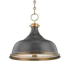 an industrial style pendant light with a brass chain hanging from the ceiling