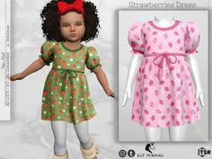 the doll is wearing a pink dress with strawberrys on it and has a red bow in her hair