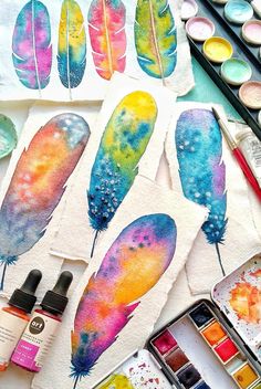 watercolors and paints are sitting on a table with different types of feathers in them