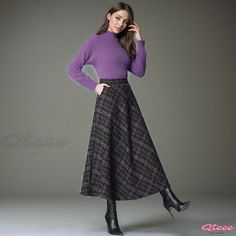 Qteee - Premium High-Waisted Grid Patterned Wool Midi Skirt: Thickened, Flared, Knee-Length Winter Dress Non-stretch Full Length Fall Skirt, Winter Full-length Stretch Skirt, Winter Full Length Stretch Skirt, Brown High-waist Winter Skirt, Brown Stretch Skirt For Fall, Casual Purple Skirt For Winter, Stretch Denim Skirt For Fall, Stretch Skirt For Fall, Purple Skirt For Workwear In Fall