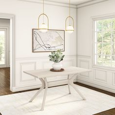 a dining room with white walls and wood flooring is shown in this rendering image