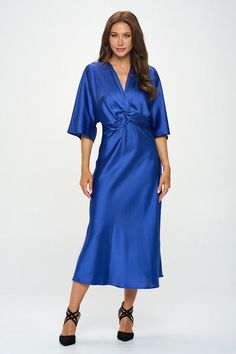 Sleek and stylish, this blue satin dress features a unique front twist detail. The luxurious fabric drapes beautifully and the twist adds a touch of sophistication. Perfect for any special occasion, this dress will make you feel elegant and confident. 97% Polyester, 3% Spandex. Short Plus Size Fashion, Blue Satin Dress, Stretch Satin Dress, Blue Swimwear, Fashion Tops Blouse, Luxurious Fabric, Formal Dresses For Women, Women Maxi, Maxi Dresses Casual