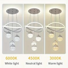 three different types of lights hanging from the ceiling